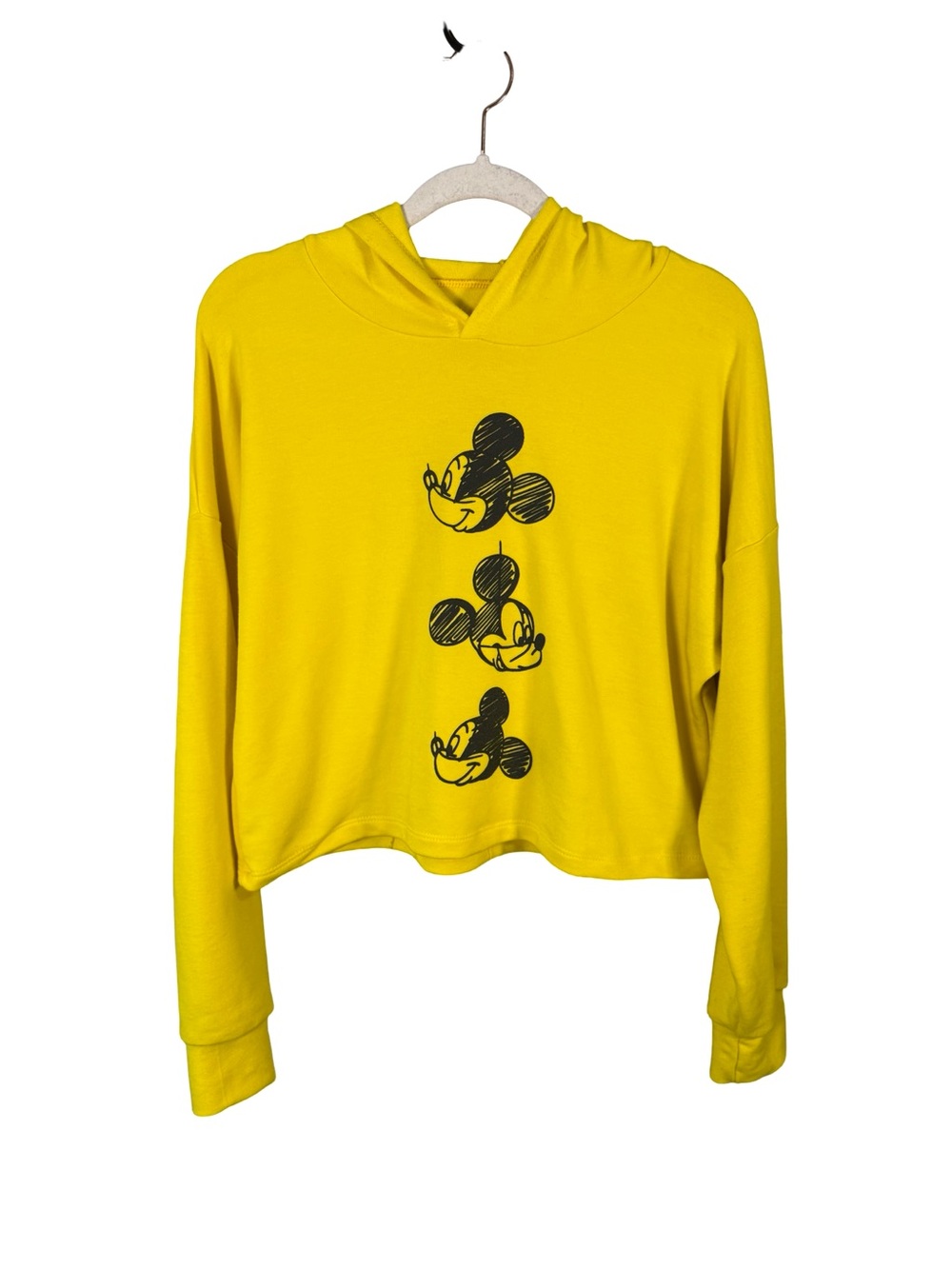 Disney Mickey Mouse Yellow Cropped Hooded Sweater Size M Relaxed Y2K Streetwear